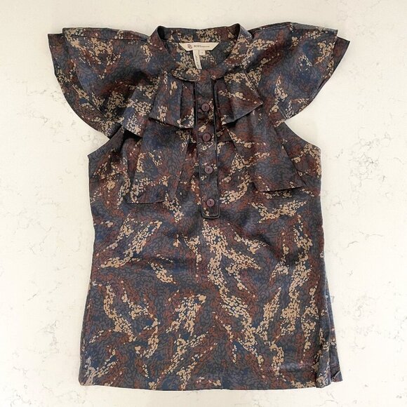 BCBGeneration Cap Sleeve Mandarin Collar Polyester Print Top Navy Cream Sz 4 - Picture 1 of 11